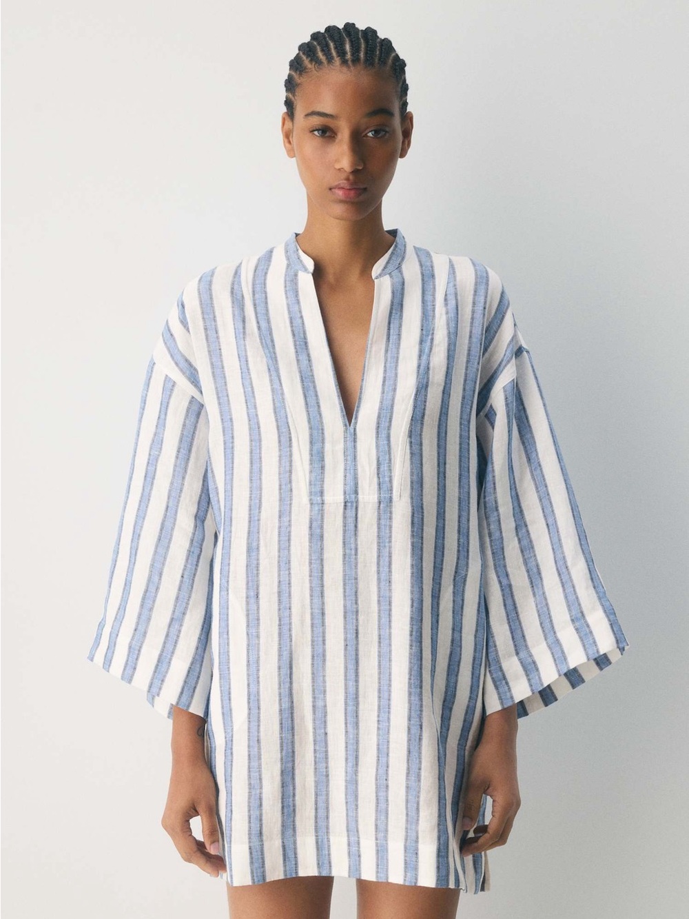 Aritzia Striped V-Neck linen  dress - Blue and White